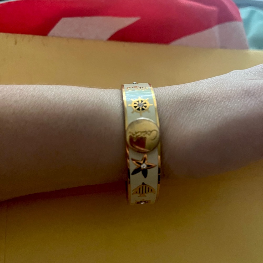 Coach Nautical theme Yellow Gold Tone Metal Signature Print -Tone Hinged Bracele